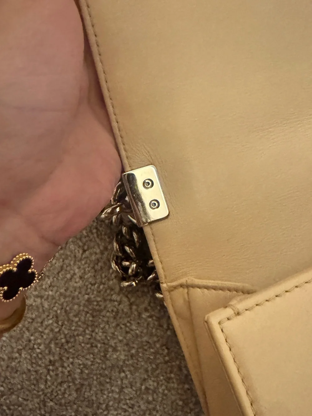 CHANEL Chevron Leather Boy Bag in Beige with Silver-Tone Hardware